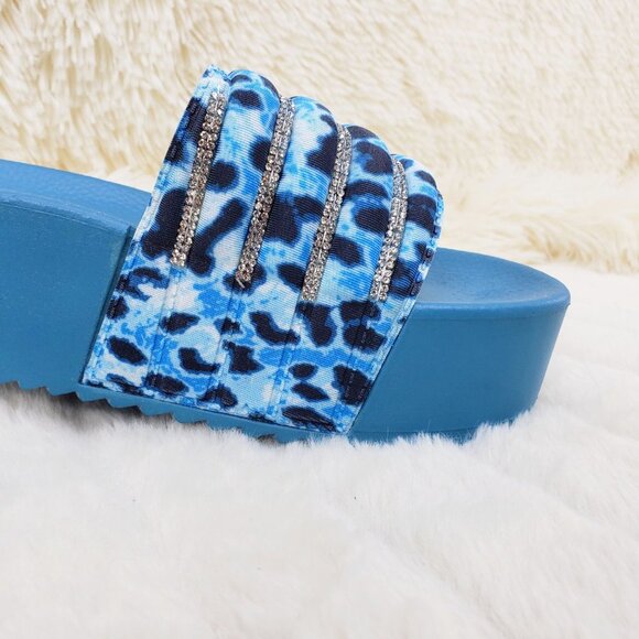 Beach Day Blue Leopard Slip on Platform Sandals Rhinestone Details - Picture 8 of 12